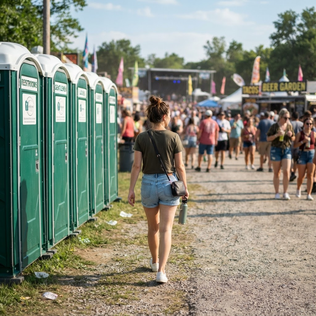 A guest walking away from a row of clean portable restrooms
