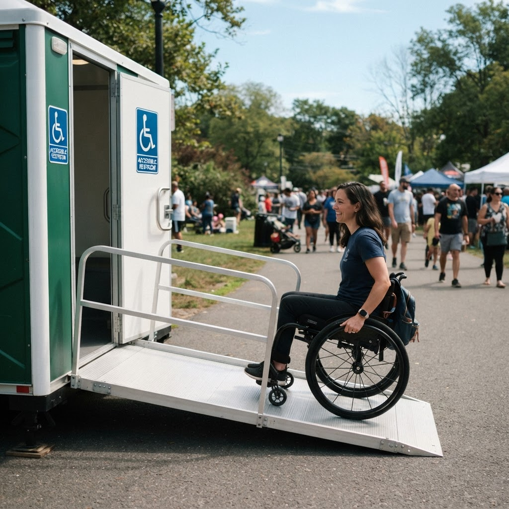 A guest in a wheelchair approaching the ramp of an ADA-accessible portable restroom